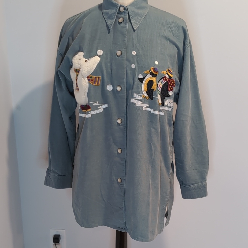 Vintage Green Corduroy Christmas Button Front Shirt Grannycore Size 36